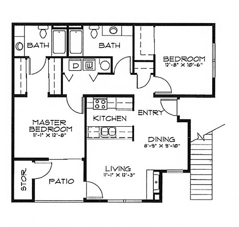 Floor plan for 2 beds, 2 baths, 992 sqft
